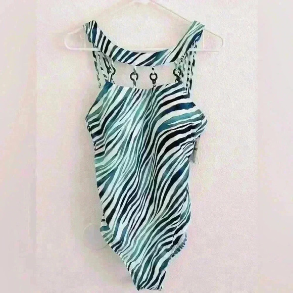 Jantzen Wildlife Ring Straps High Neck Zebra Print One Piece Swimsuit Size 14 - Picture 4 of 10